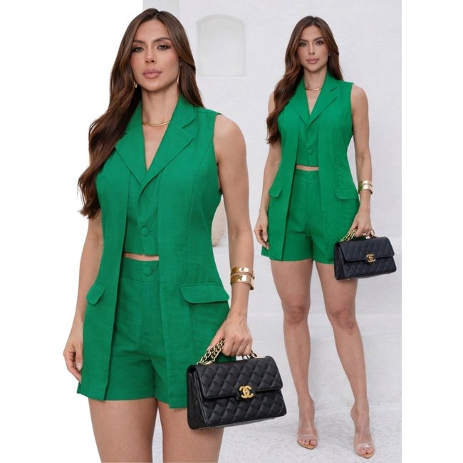 Conjunto Feminino Alfaitaria Colete Blazer Duplo e Shorts - VERDE LEGUME