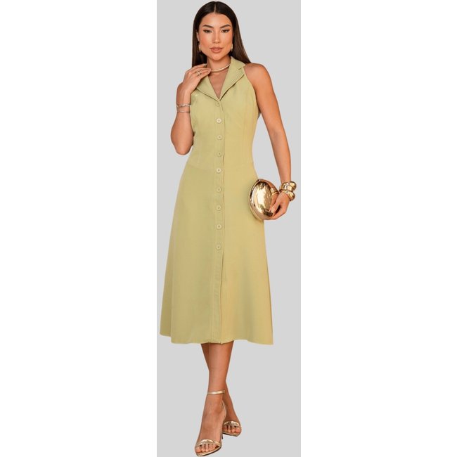 Vestido Miss e Misses Flaviana Midi Aberto C/Botao C/Bolso Verde