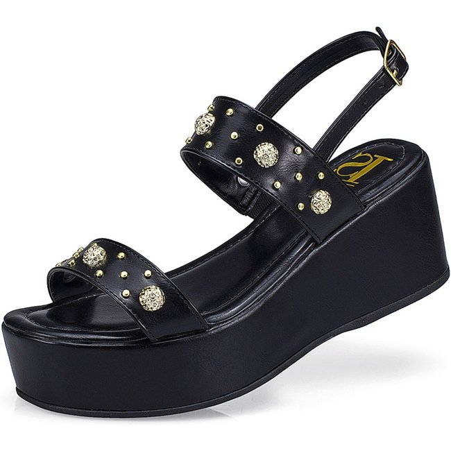 Sandália Feminina Tira Anabela Flatform Fivela Spike Ilhós Estilosa 420