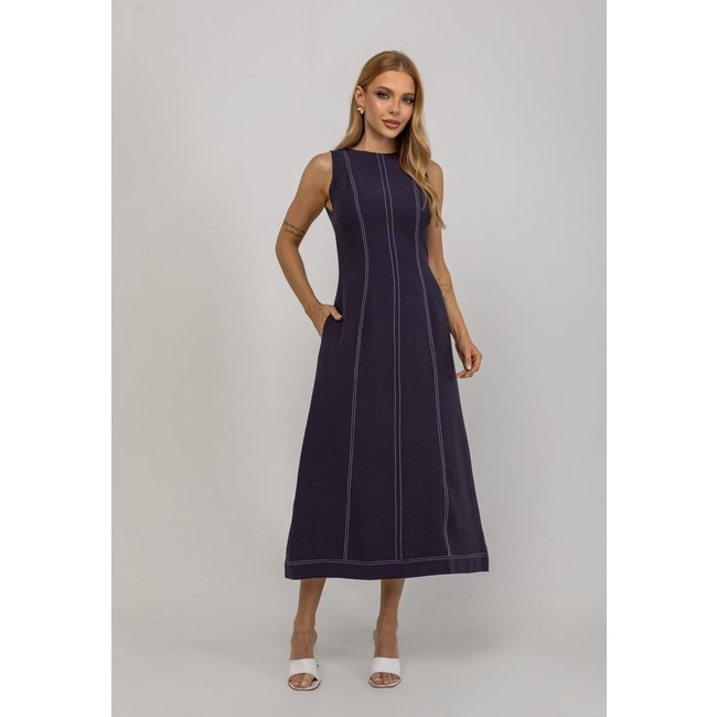 Vestido De Alfaiataria Midi Com Costura Contrastantes Salvatore Azul