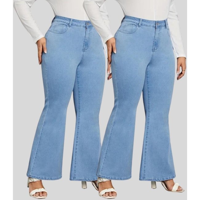 Kit 2 Calça Flare Plus Size Feminina Tex Jeans Boca de Sino Cintura Alta Modeladora com Elastano Azul Claro