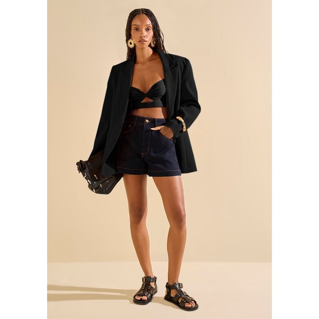 Blazer Morena Rosa Oversized Manga Longa Alongado Preto