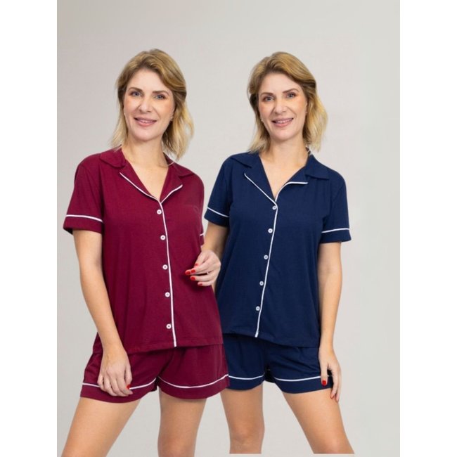 KIT Pijama Americano Curto Bordo + Pijama Americano Curto Marinho