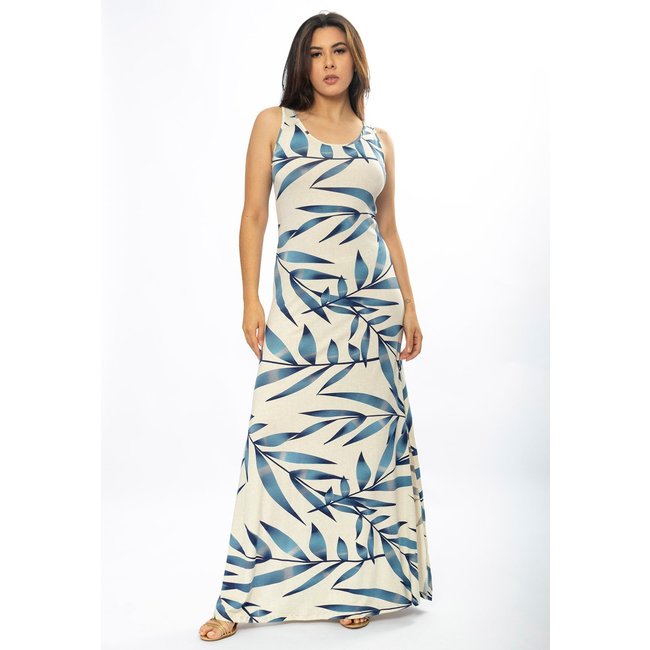 Vestido Longo Amazônia Vital Butiá Malha Regata Estampa Bambu Azul