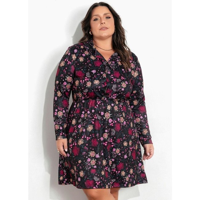 Vestido Com Botões Plus Size Floral Preto Marguerite