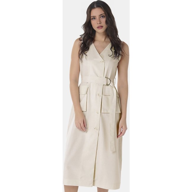 Vestido Sob de Linho Midi Bege Decote V Transpassado