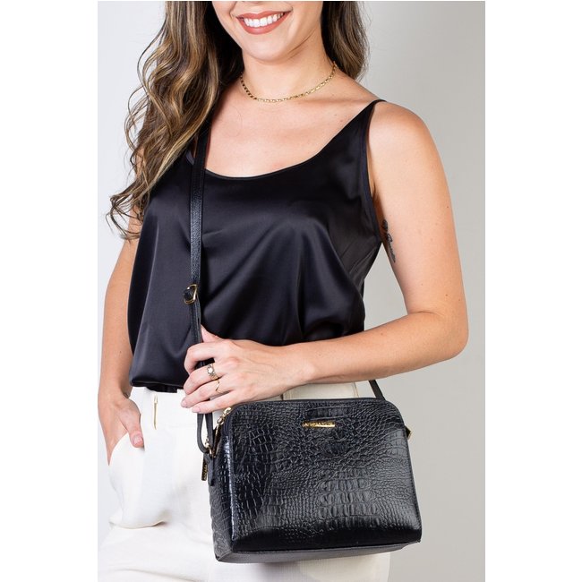 Bolsa transversal feminina de couro croco Paola - Preto