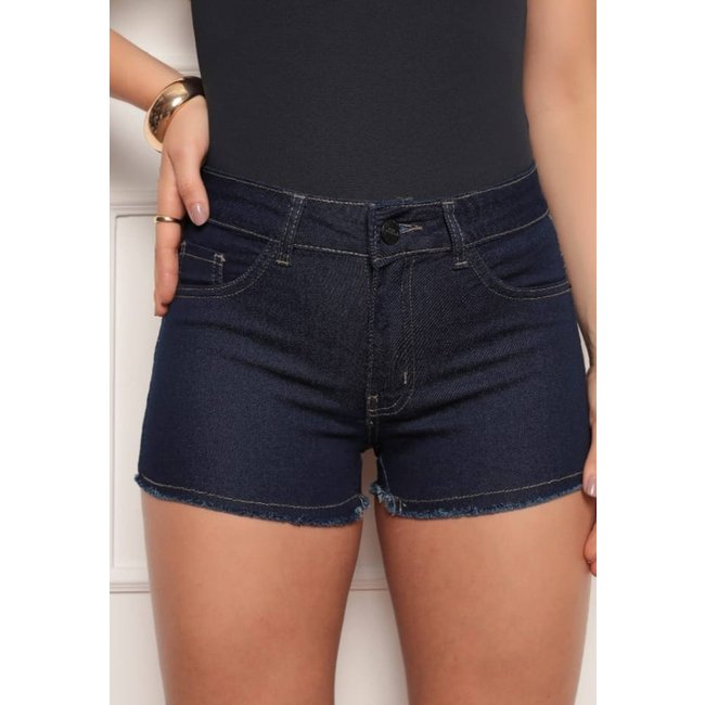Short Jeans Feminino Azul Escuro com Barra Desfiada Estilo Moderno