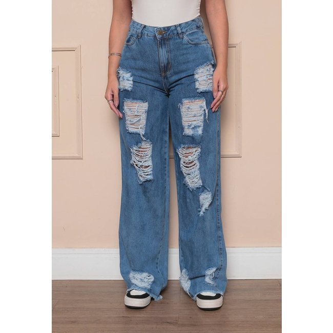 Calça Feminina Avec Wide Leg Cargo Confortável E Elegante Detalhes Azul Claro