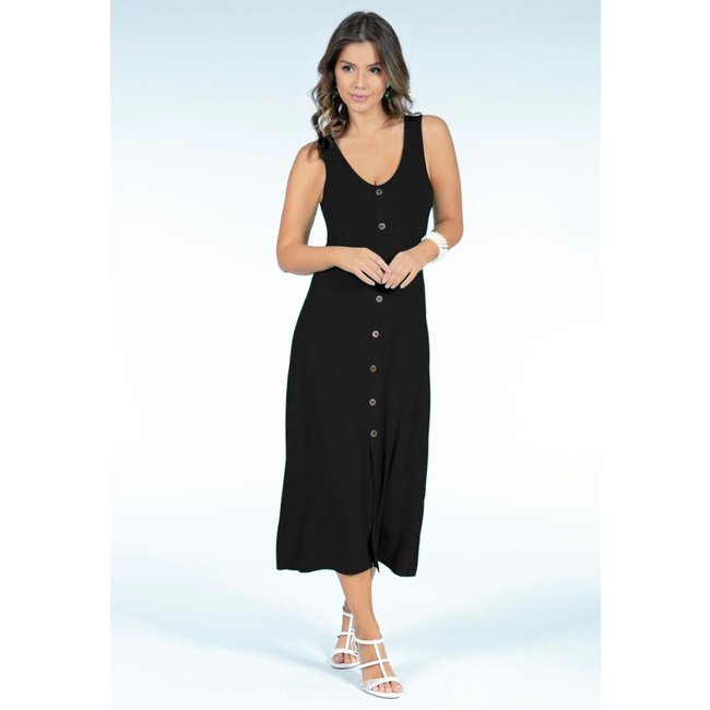 Vestido Midi Sem Mangas Com Botões Preto Quintess
