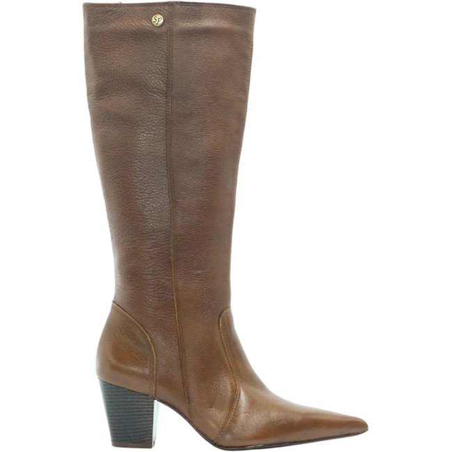 Bota Feminina Bico Fino Cano Longo Couro Salto 6 Camel