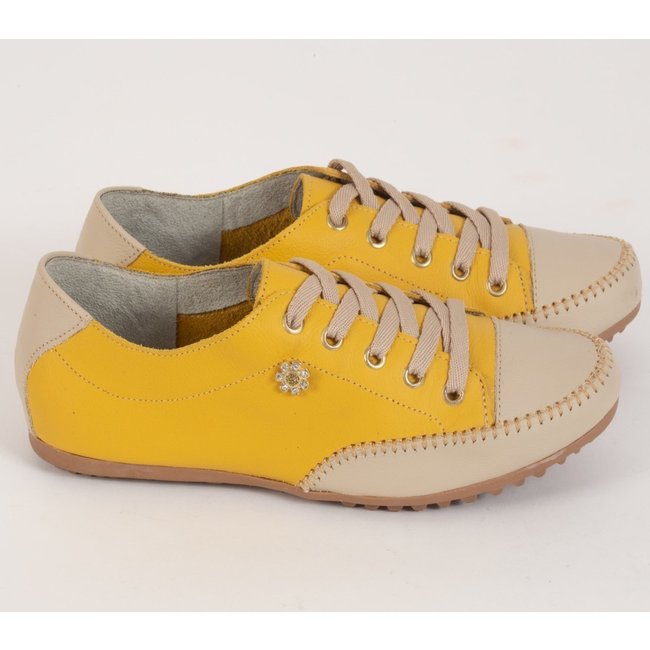Tênis Sapatênis Feminino diRavena em Couro - Cod100 - Coleção 2025 -Amarelo/Bege