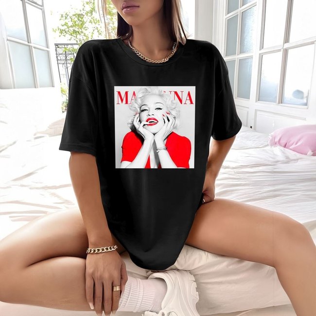 Camisa Camiseta Feminina Estampada Madonna 100% Algodão Fio 30.1 Penteado - Preto