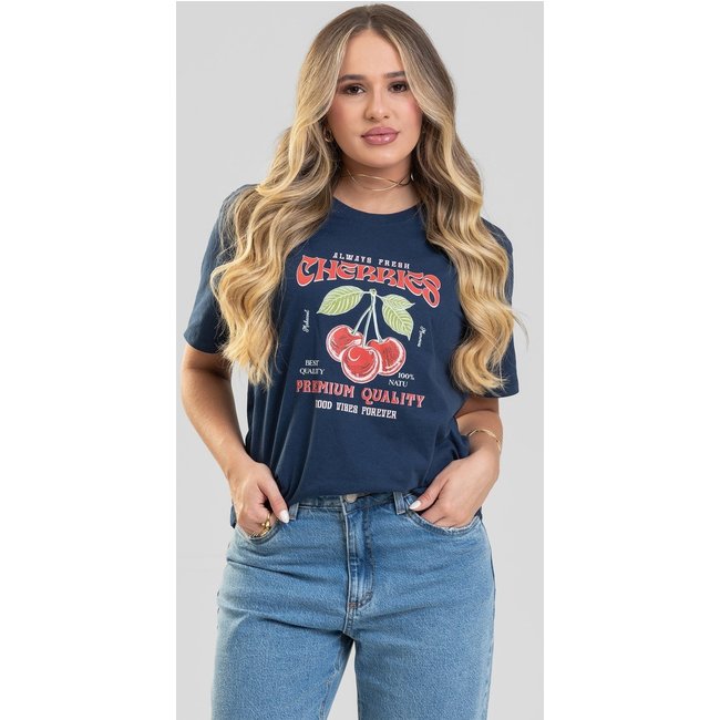 Camiseta Feminina Cianitas Marinho Estampa Always Cherries