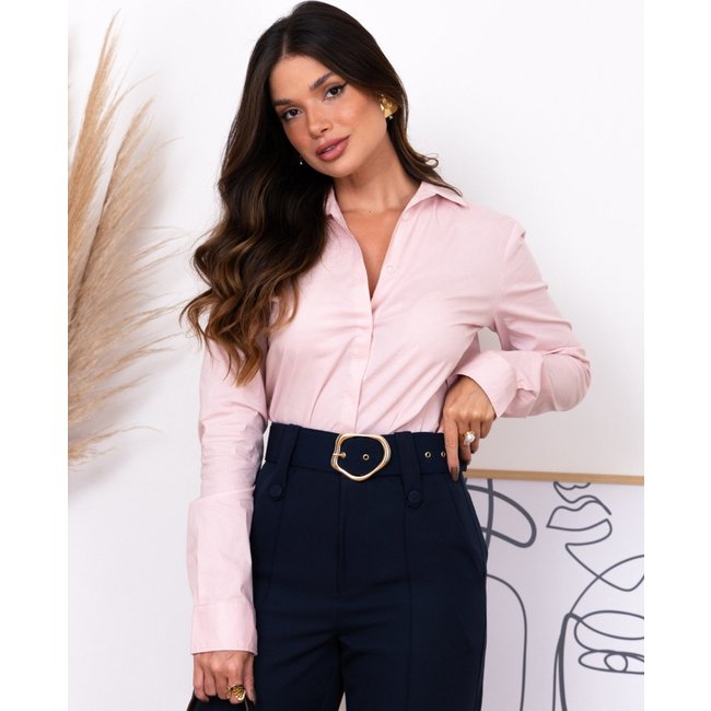 Camisa Feminina Manga Longa de Algodão com Elastano Rosa Claro – MOS Mariana Olympio