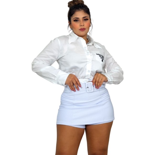Shorts saia Friso Summer Body Feminino Malha Pop Curto Cinto Encapado Removível Branco