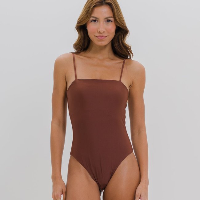 Body Maiô Modelador Luxo Decote Reto Premium Alcinha Marrom