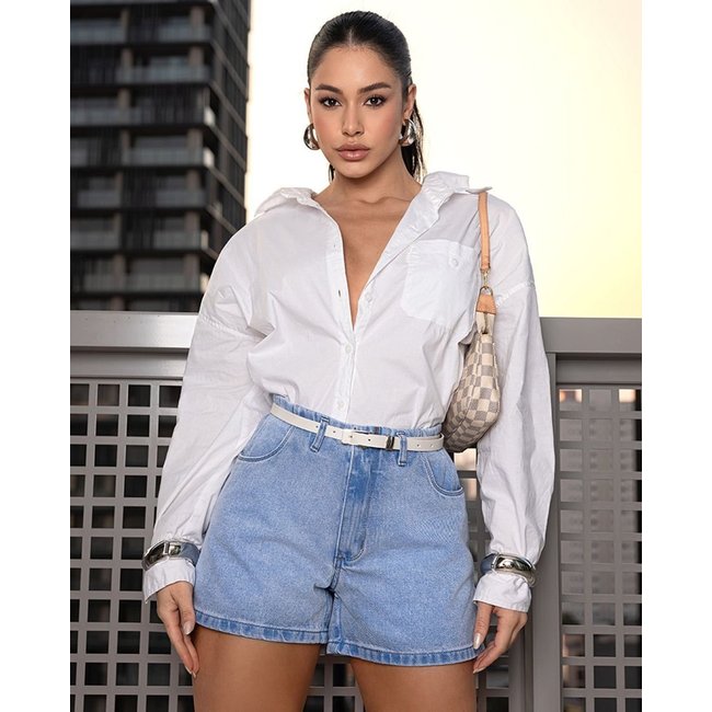 Shorts Jeans Mom Feminino Cintura Alta com Cinto 24235 Média Consciência