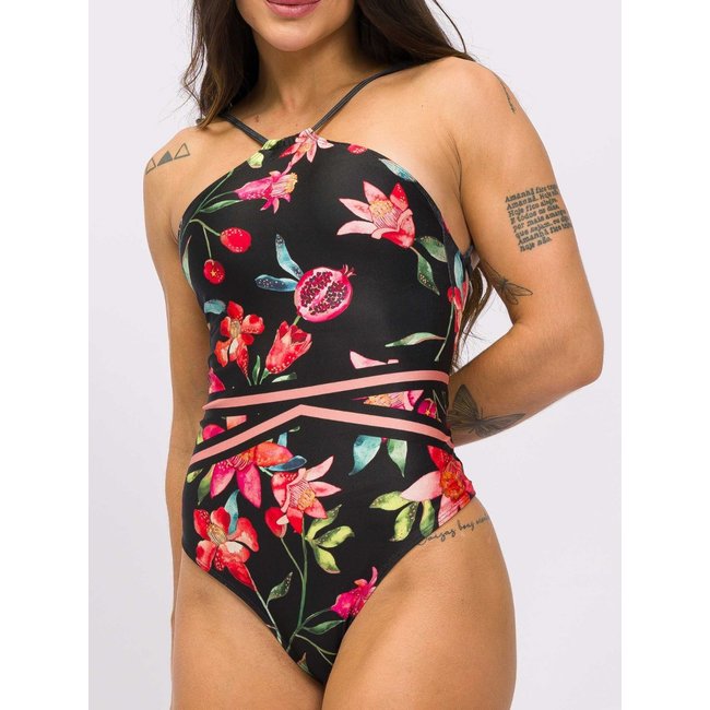 Maiô Body Frente Única Modelador Com Bojo Beach Estampa Romã