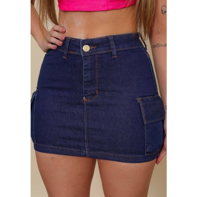 Saia Jeans Cargo Feminina GARAIS MODA com Lavagem Azul Escura - Estilo Despojado e Confortável