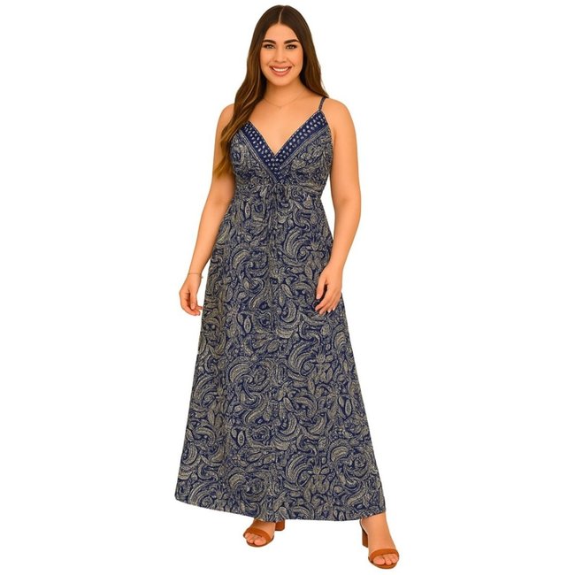 Vestido Longo Indiano FMF Azul Estampado Floral Geométrico