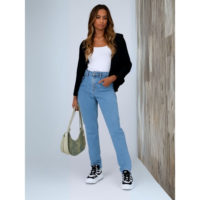 Calça Mom Jeans Feminina Kovali Marmorizada Feminina Algodão Estilo Confortável Azul