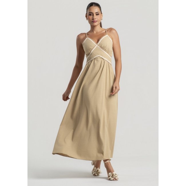Vestido Longo Alfaiataria Alças Finas e Renda Salvatore Bege