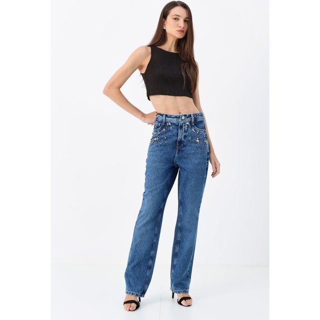 Calça Jeans Straight Cintura Alta Pedraria ACT Feminino