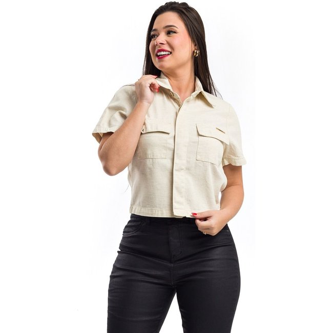 Cropped Blusa Restrito Jeans de Linho com Botões Invisíveis - Bege