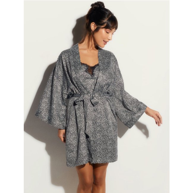 Robe Curto Manga Longa Cetim Bella Luna Poa Preto/Branco