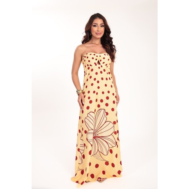 Vestido longo Ícone Fashion Aura Tomara que Caia estampa Jardim Poá Fios Lurex Reveillon