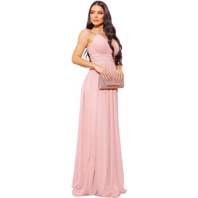 Vestido Festa Longo Mayse Frente única Micro Tule para Madrinhas Rosa