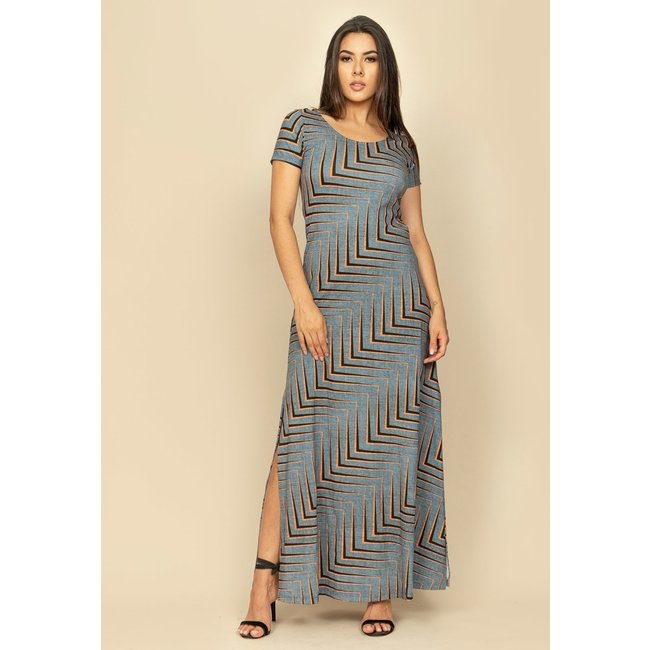 Vestido Longo Malha Gola Canoa Manga Curta Estampa Murici
