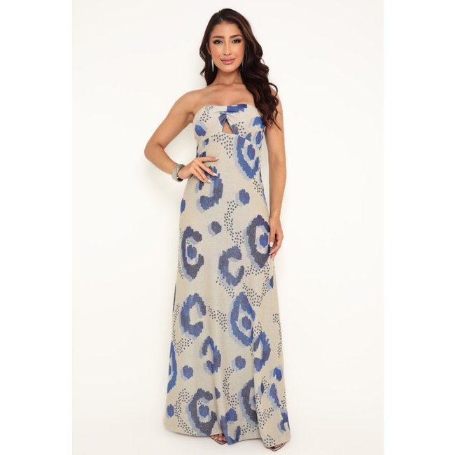 Vestido longo Ícone Fashion Aura Tomara que Caia Lurex estampa Olho Grego Brilho Reveillon