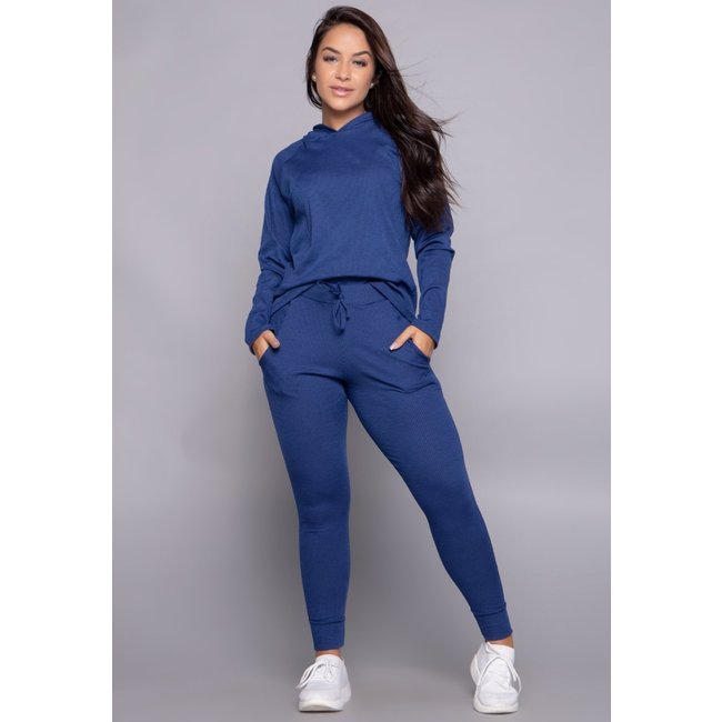 Conjunto WLS Modas Feminino Canelado Comfy Com Capuz e Jogger Azul Marinho