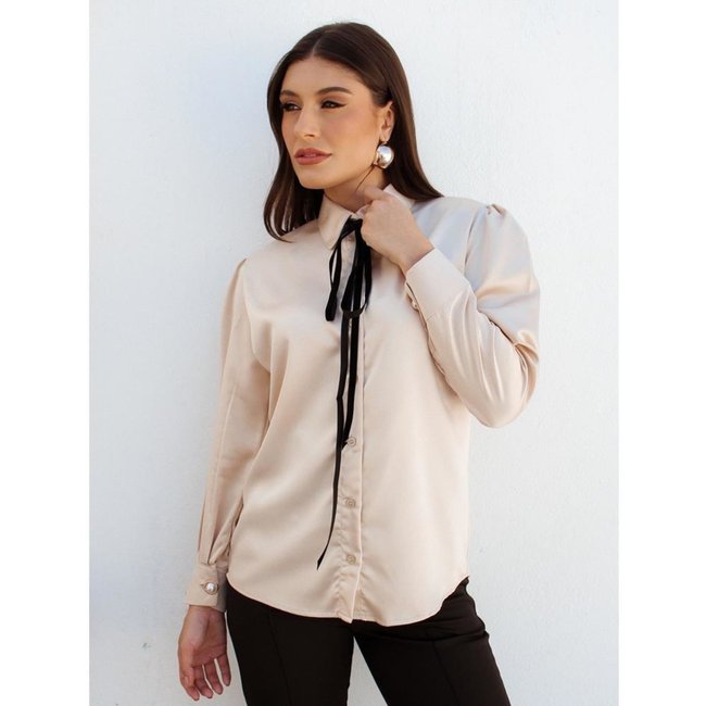 Camisa Feminina Cetim com Laço Veludo Manga Longa Dourado
