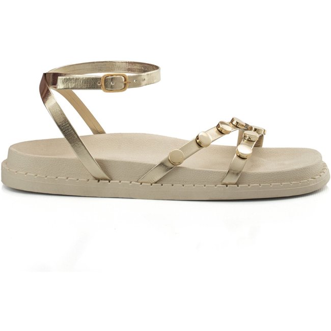 Sandália Feminina Papete Flatform Enfeite Metal Tiras Confortável Macia Resistente Dourado