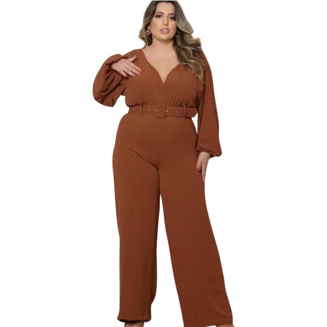 Macacão Feminino Plus Size Pantacourt Manga Longa