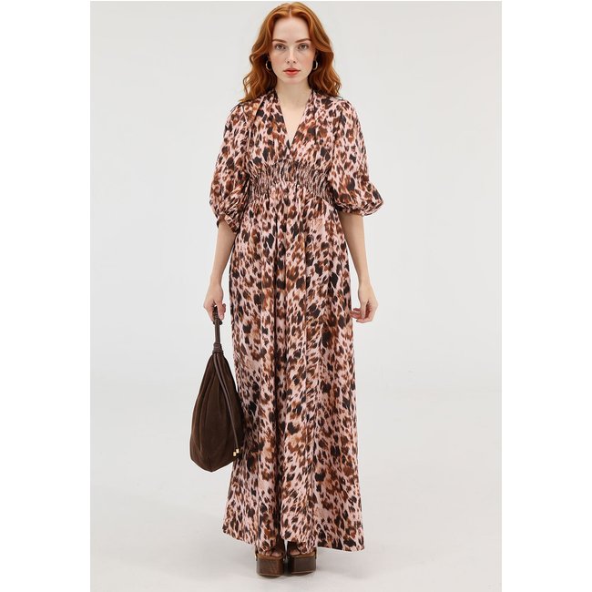 Vestido FARM Longo Risquinho de Onça Rosa