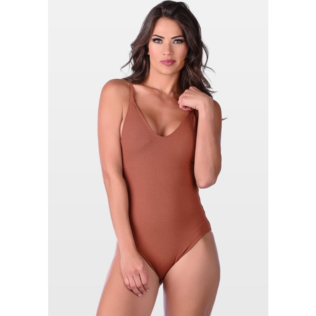 Maiô Summer Soul Com Bojo Alças Finas em Tecido Texturizado Marrom