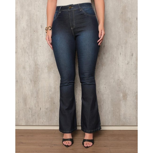 Calça Feminina Flare Avec com Bolsos e Tecido Stretch – Lavagem Escura