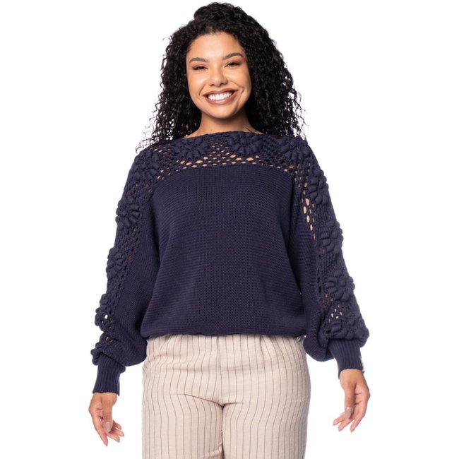 Blusa Feminina Biamar Algodão Ponto Margarida Azul Escuro