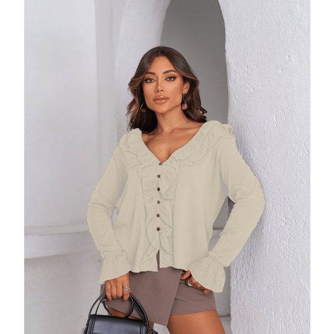 Blusa Casaco Cherry Line Tricô Botão Aberto Manga Longa Babado Creme