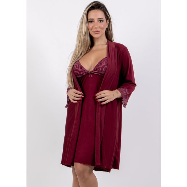 Robe Roupão Feminino 4 Estações Com Renda Manga Curta Luxo Verão Bordô