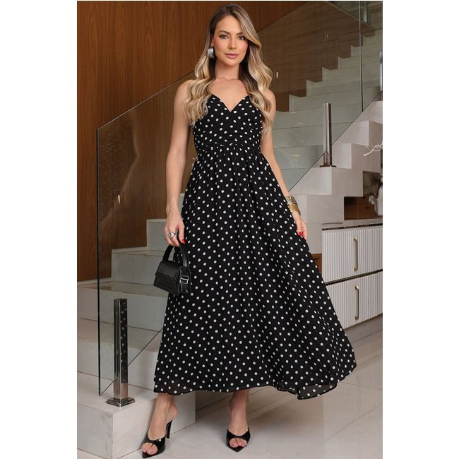 Vestido Salete Midi Poa C/Ziper Costa Preto