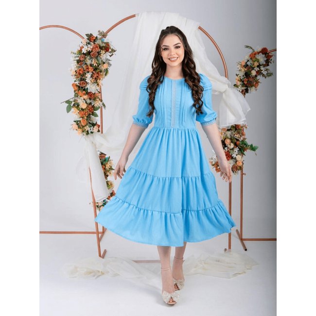 Vestidos Midi Elegante Festa Convidada com Manga e Guipir Azul