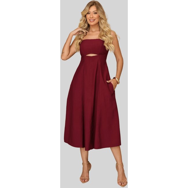 Vestido Midi Amanda Detalhe Vazado C/ Bolsos Vinho