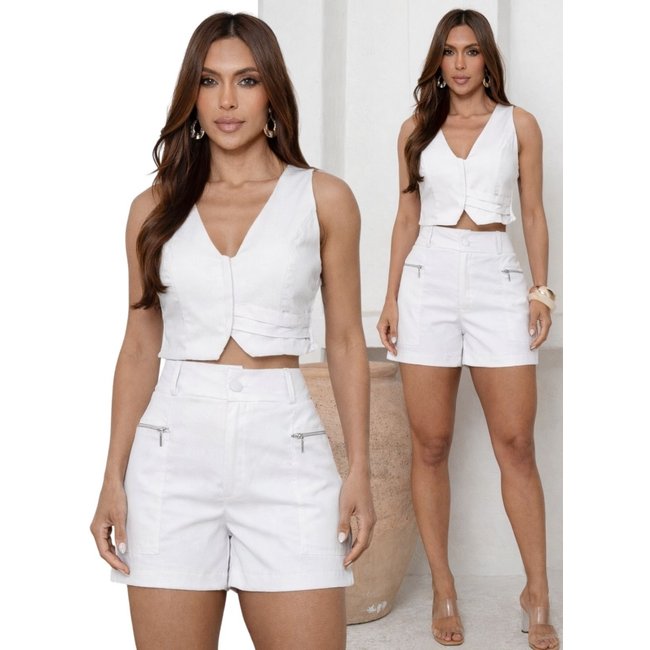 Conjunto Feminino Linho Cropped Colete e Shorts 2030 - Branco