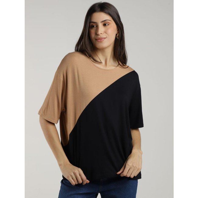 Blusa Bloco Cores Manga Curta Autentique Feminina PRETO/PRETO/BEGE