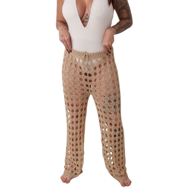 Calça Tricô Saída De Praia Feminina Pantalona Luxo Tendencia Bege